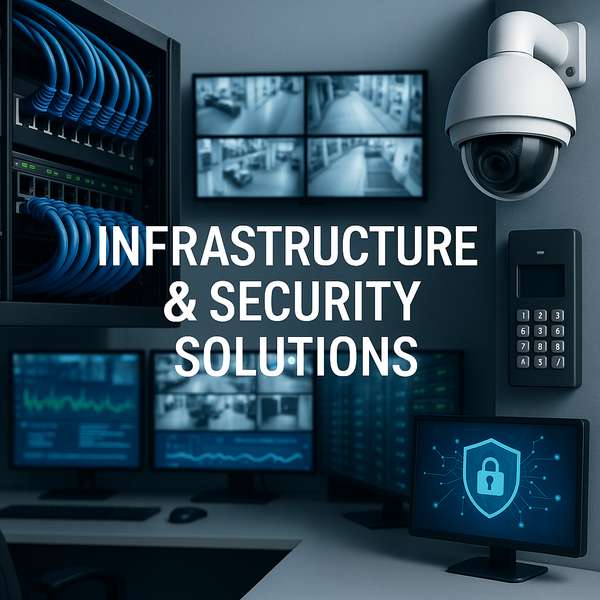 Modern security operations center with multiple video monitors, security cameras, access control keypad, and network cabling showcasing integrated infrastructure and security solutions.