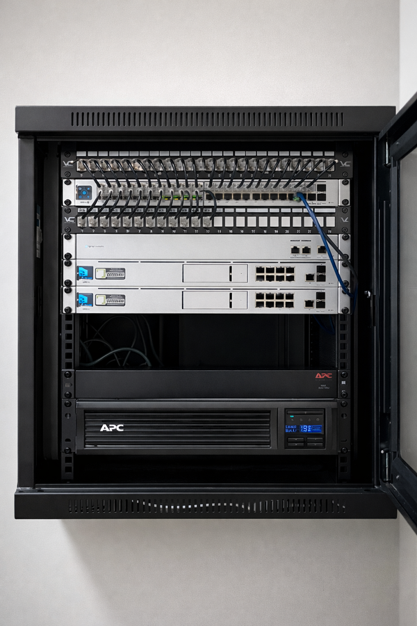 Professionally installed network rack with structured cabling, UniFi switching, and battery backup system