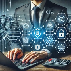CPA working on a laptop with cybersecurity icons representing 2025 compliance and data protection for accountants