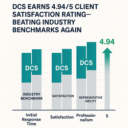 DCS 2025 client satisfaction chart showing higher IT support ratings than industry benchmarks.