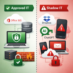 Shadow IT vs approved IT illustration showing unauthorized apps and devices creating security risk